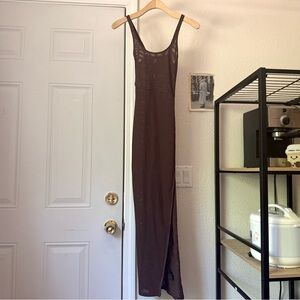 WMNS WEAR brown mesh knit semi sheer bodycon hook eye square neck midi maxi